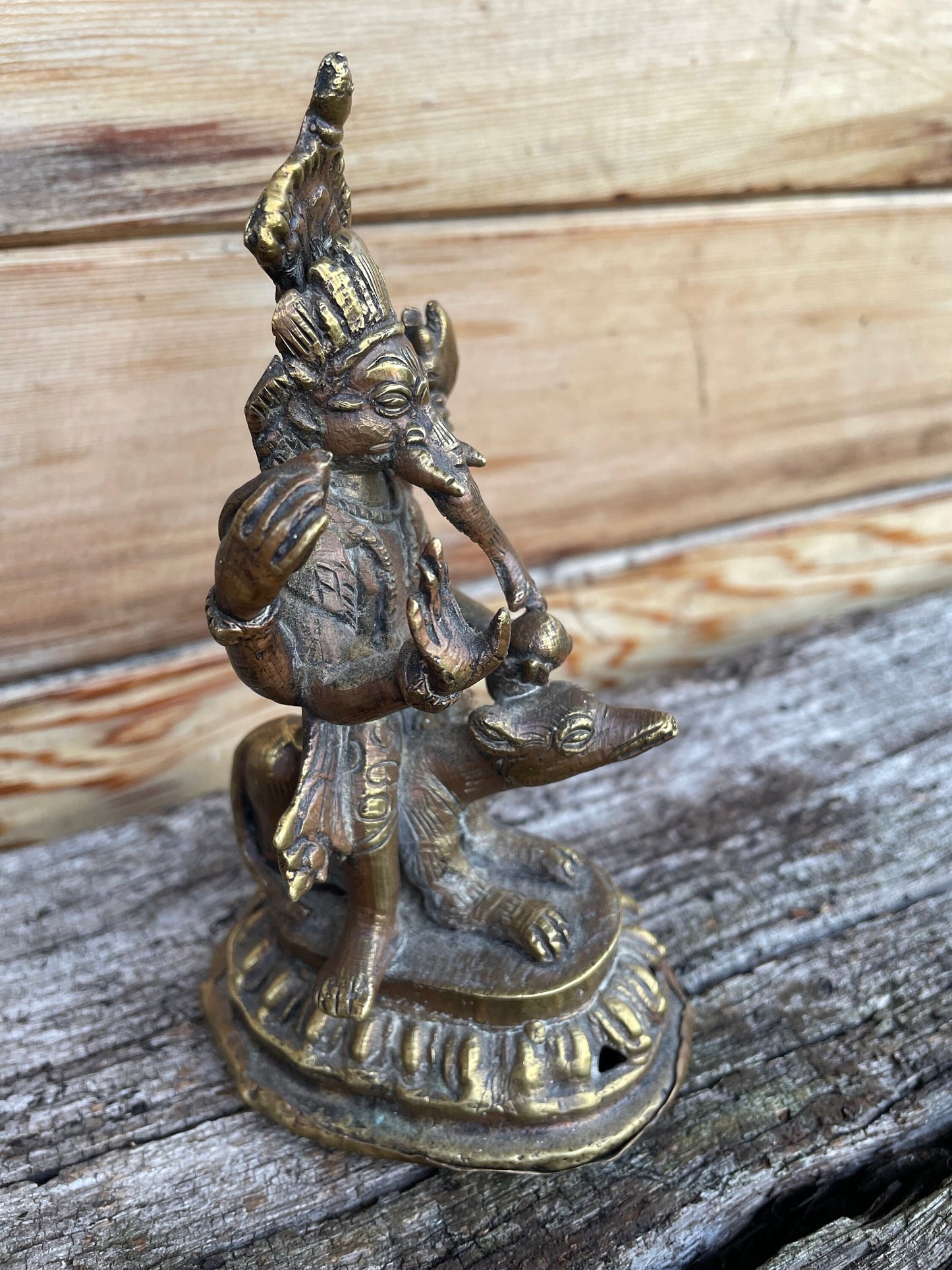 A 19th Century Indian Brass Statue of Ganesha Straddling The Rat Mushika 14cm Tall