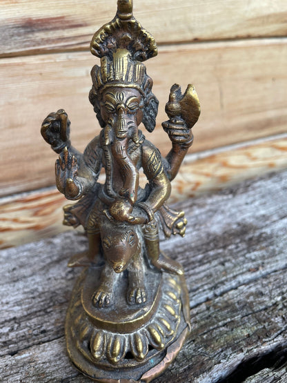 A 19th Century Indian Brass Statue of Ganesha Straddling The Rat Mushika 14cm Tall