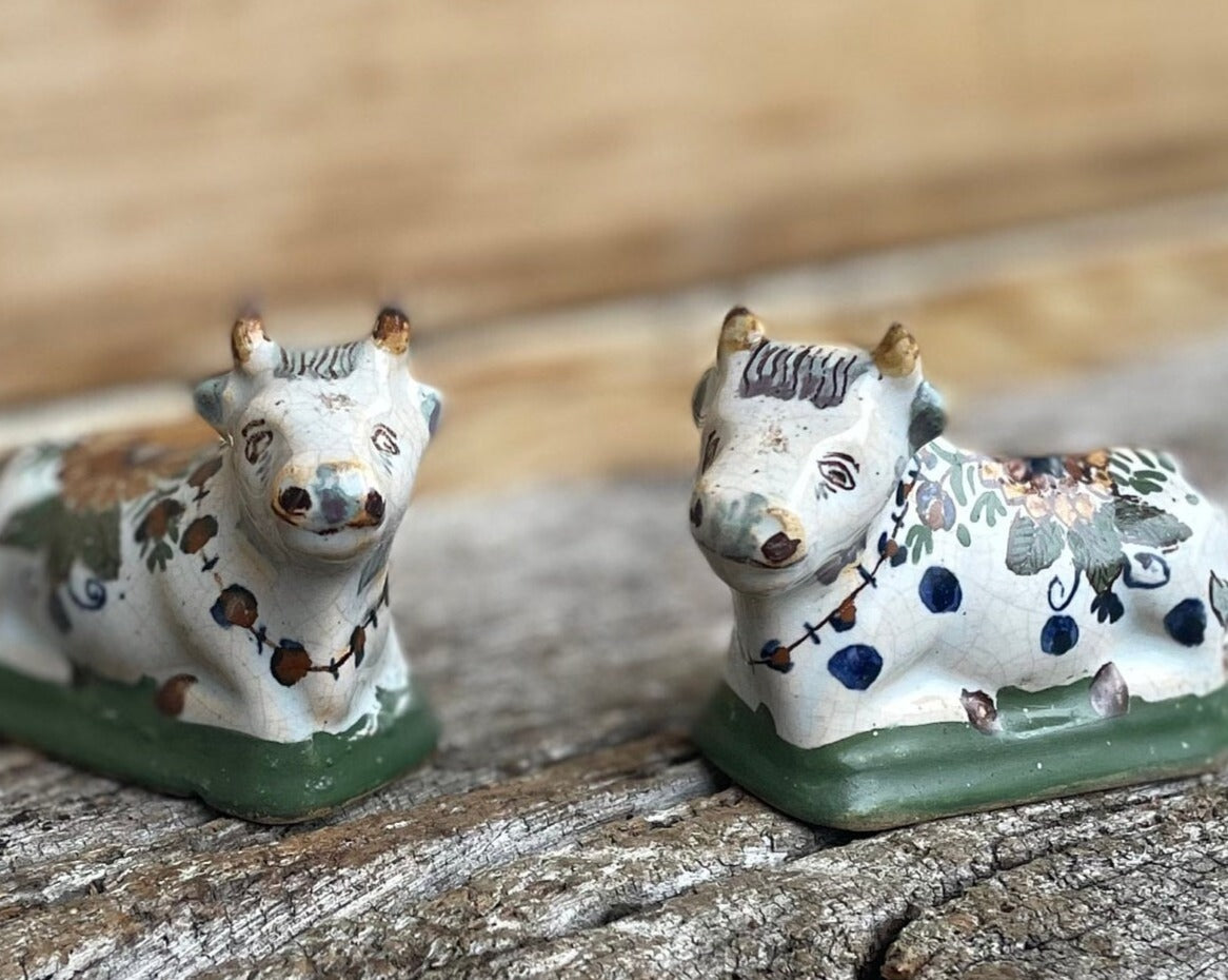 A Pair of 19th Century Recumbent Polychrome Cows - Adriaan van Rijsselberg Marks to Base 9cm Long