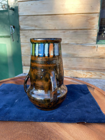 A Tri Handled Arts & Crafts Art Pottery Vase With Polychrome Band at Rim 16cm Tall