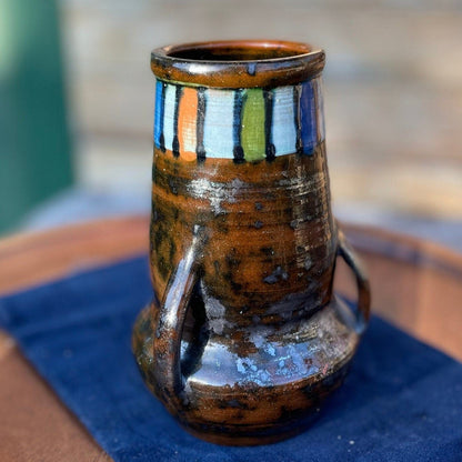 A Tri Handled Arts & Crafts Art Pottery Vase With Polychrome Band at Rim 16cm Tall