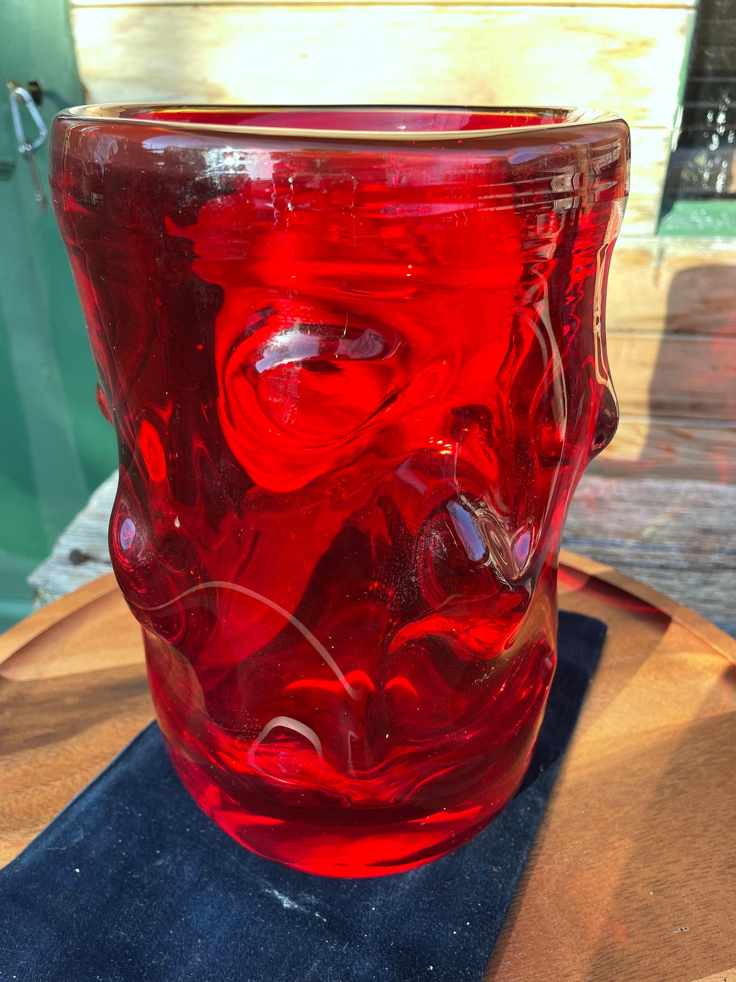 A  Large Heavy Whitefriars Red Glass 'Nobbly' Vase c 1960 24cm Tall 4kg