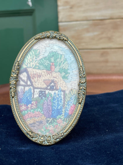 A Miniature Hand Made Piece of Danish Antique Framed Tapestry 10cm Long c1910's