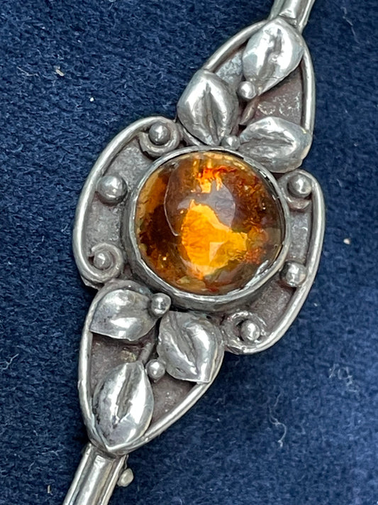 A Very Stylish Vintage Amber and Silver Brooch That Measures 8cm Long c1950's