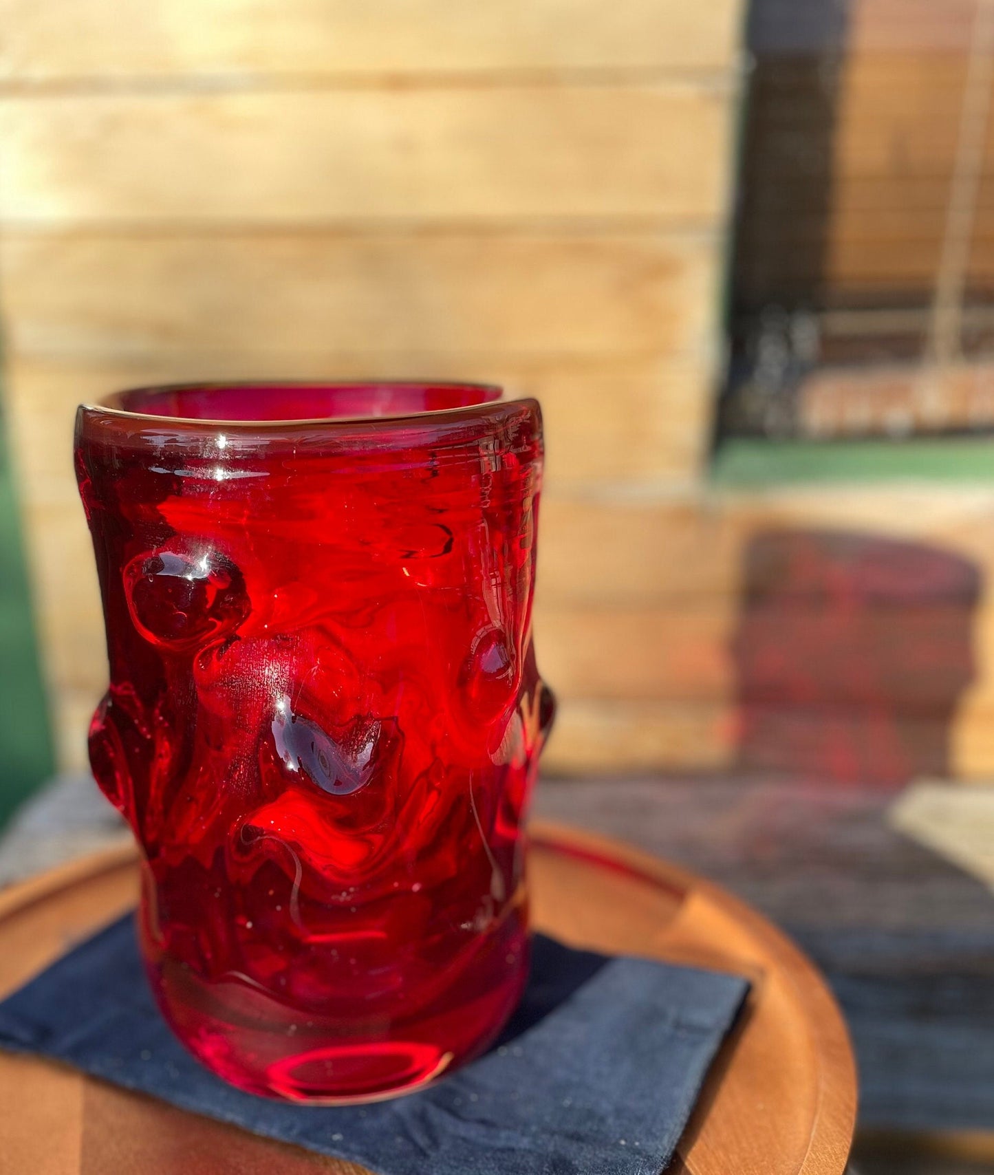 A  Large Heavy Whitefriars Red Glass 'Nobbly' Vase c 1960 24cm Tall 4kg