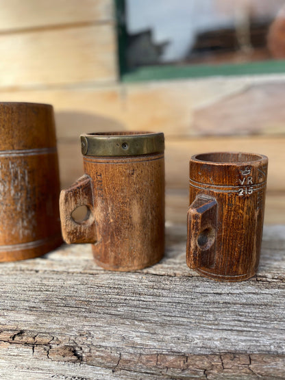 A Fine and Rare Collection of Antique Metal Bound and Treen Tankard/Measures With Various Official Impressed  Marks - Tallest 20.5