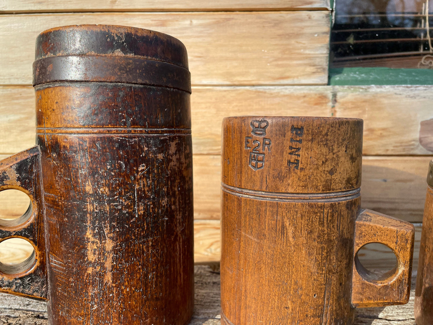 A Fine and Rare Collection of Antique Metal Bound and Treen Tankard/Measures With Various Official Impressed  Marks - Tallest 20.5