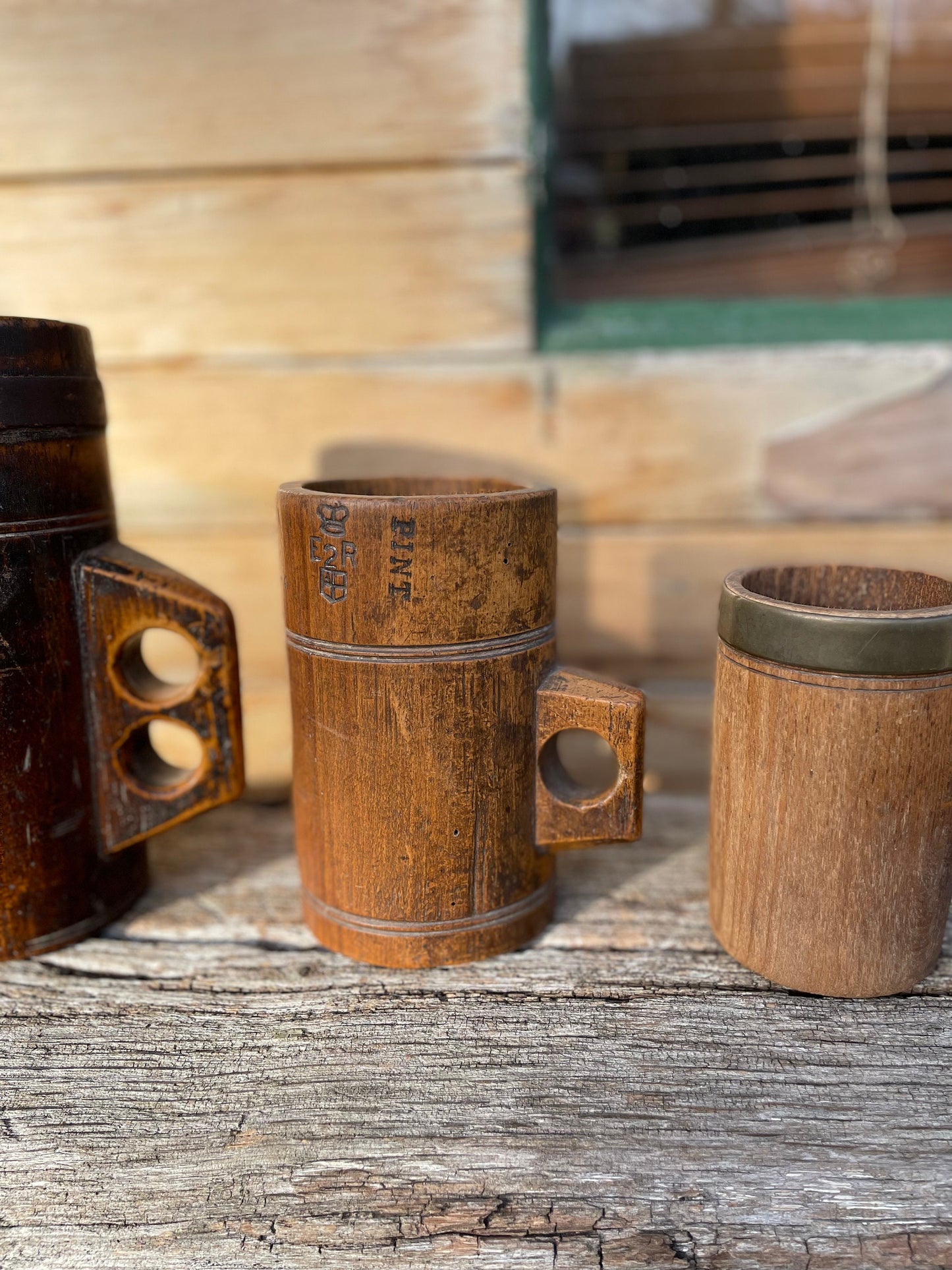 A Fine and Rare Collection of Antique Metal Bound and Treen Tankard/Measures With Various Official Impressed  Marks - Tallest 20.5