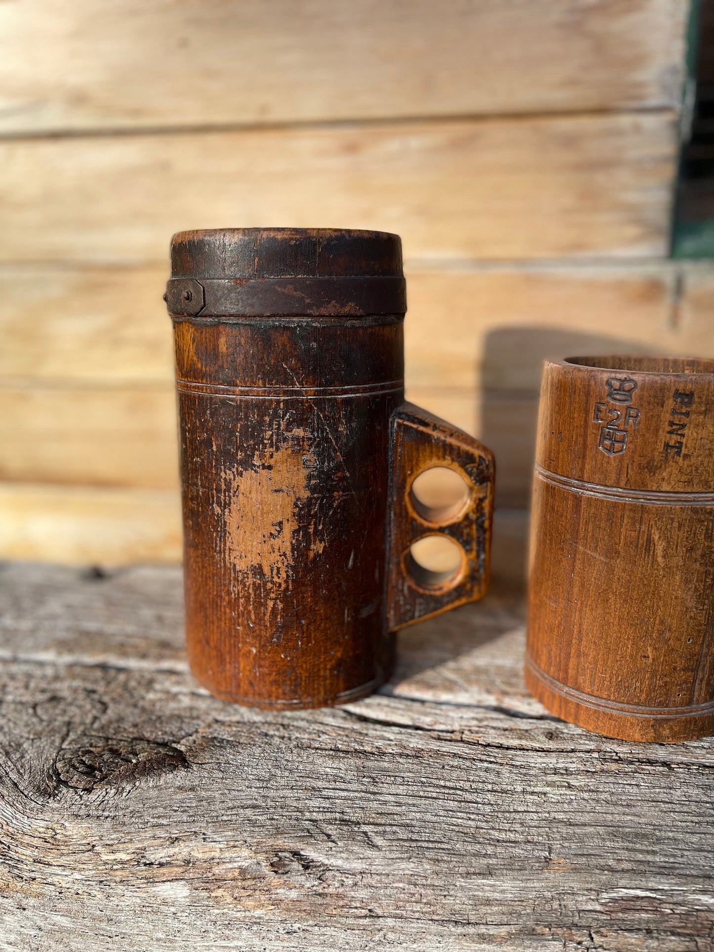 A Fine and Rare Collection of Antique Metal Bound and Treen Tankard/Measures With Various Official Impressed  Marks - Tallest 20.5