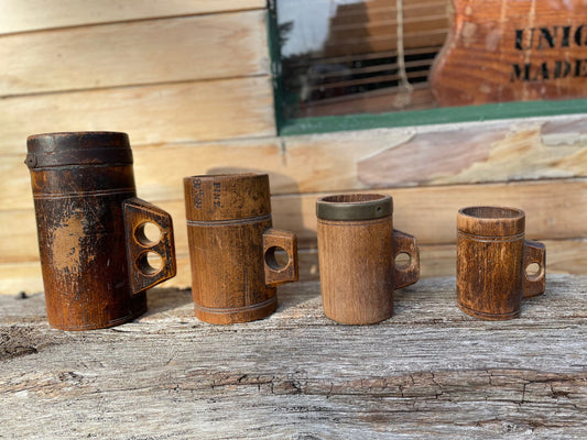 A Fine and Rare Collection of Antique Metal Bound and Treen Tankard/Measures With Various Official Impressed  Marks - Tallest 20.5