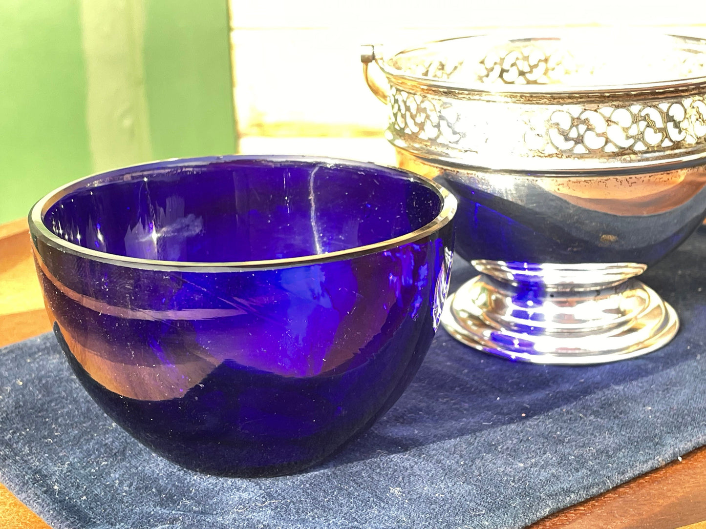 A Good Sized Silver Plated Pierced Border Sugar Bowl With Bristol Blue Liner 10cm Diameter