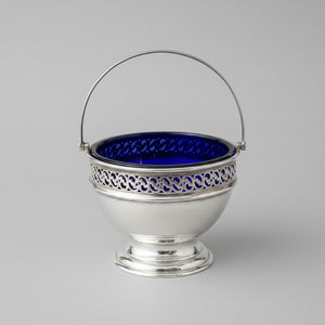 A Good Sized Silver Plated Pierced Border Sugar Bowl With Bristol Blue Liner 10cm Diameter