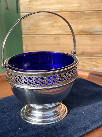 A Good Sized Silver Plated Pierced Border Sugar Bowl With Bristol Blue Liner 10cm Diameter