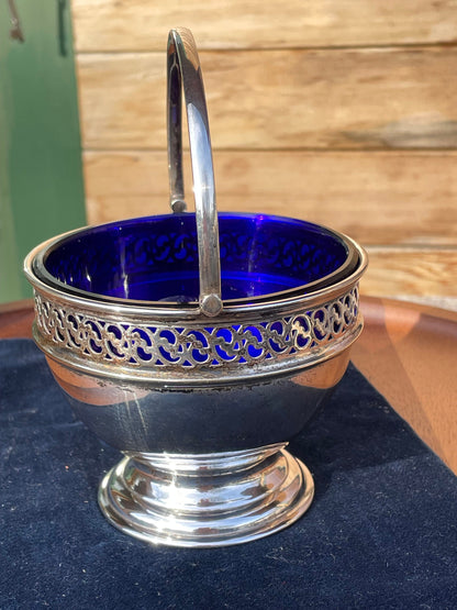 A Good Sized Silver Plated Pierced Border Sugar Bowl With Bristol Blue Liner 10cm Diameter