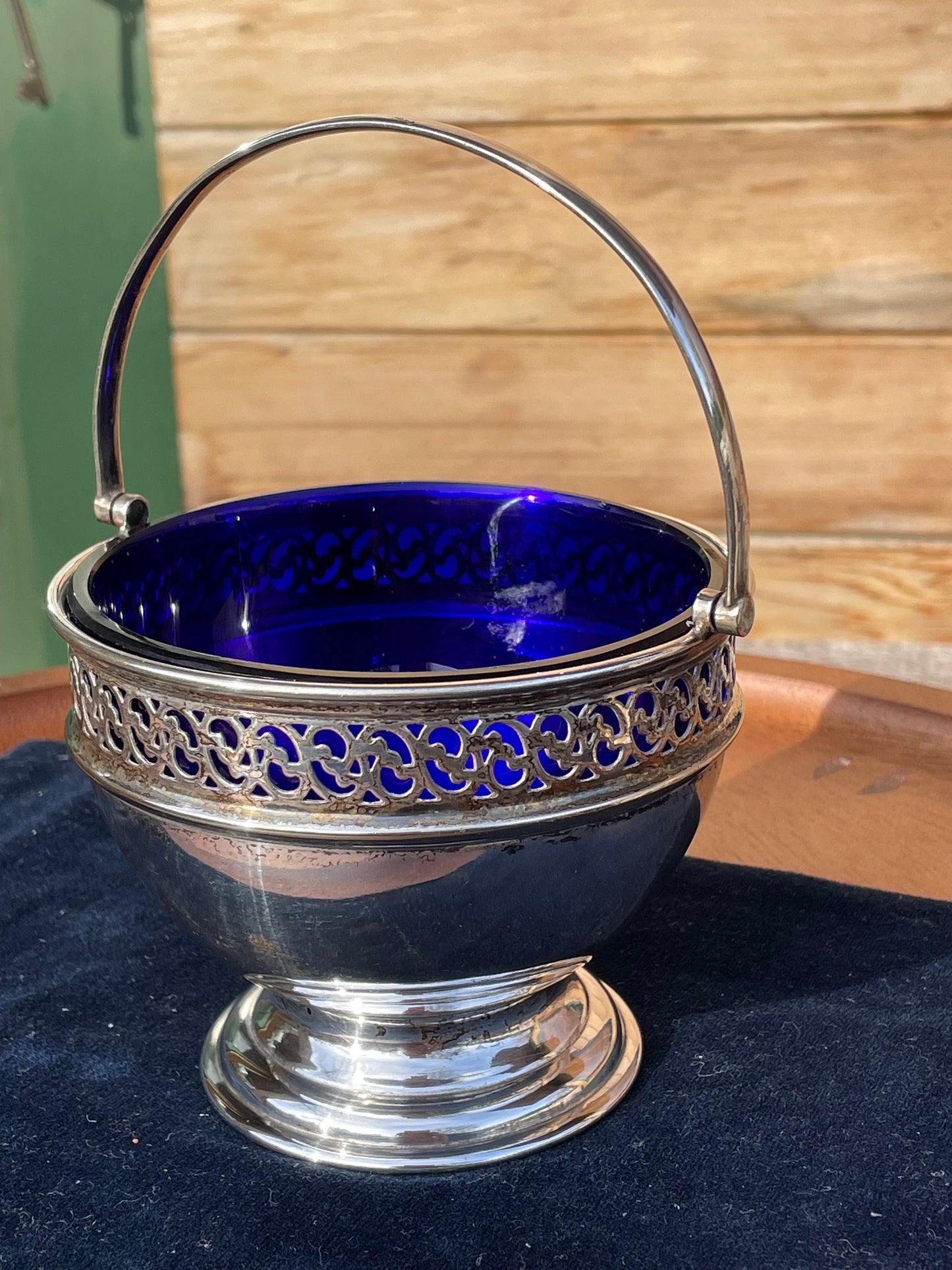 A Good Sized Silver Plated Pierced Border Sugar Bowl With Bristol Blue Liner 10cm Diameter