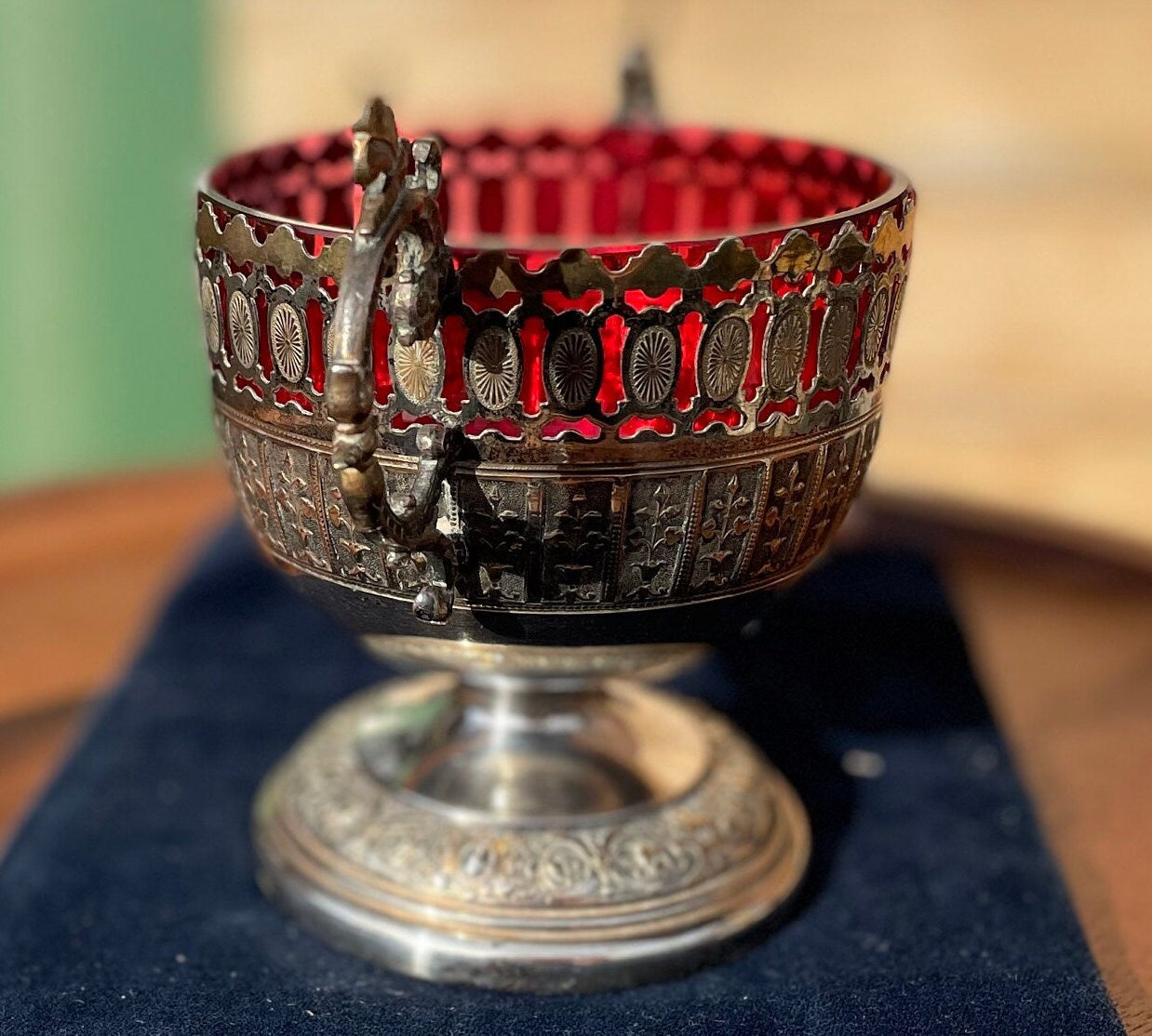 An Antique German Art Nouveau plated WMF Sugar Bowl With Cranberry Glass insert - 14cm tall