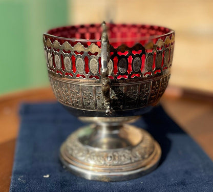 An Antique German Art Nouveau plated WMF Sugar Bowl With Cranberry Glass insert - 14cm tall