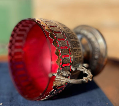 An Antique German Art Nouveau plated WMF Sugar Bowl With Cranberry Glass insert - 14cm tall