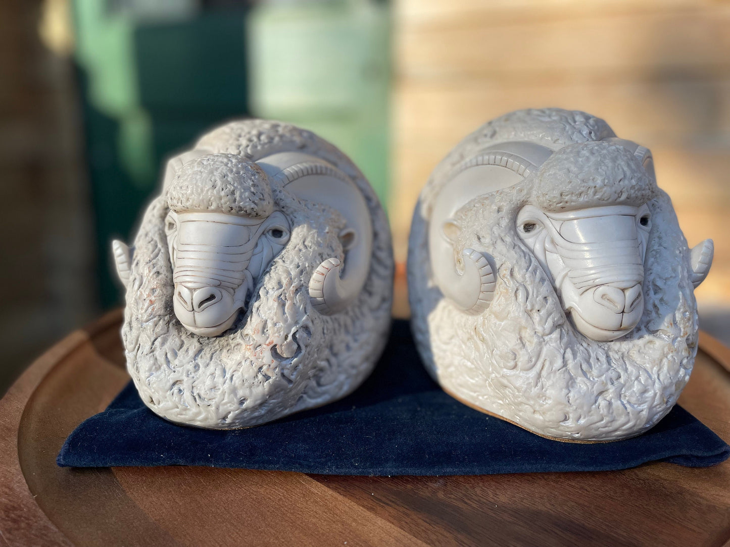 A Pair of Crushed Marble Signed Figural Ram Heads Book Ends by John Biccard Called Romulus and Rebus - 13.5cm Tall - pair 4.8kg