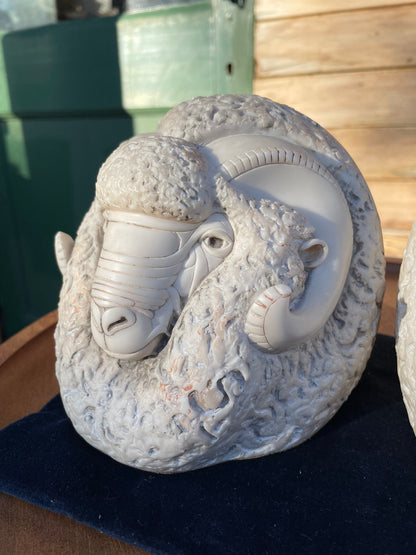 A Pair of Crushed Marble Signed Figural Ram Heads Book Ends by John Biccard Called Romulus and Rebus - 13.5cm Tall - pair 4.8kg