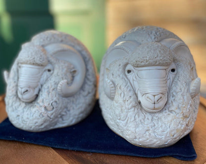 A Pair of Crushed Marble Signed Figural Ram Heads Book Ends by John Biccard Called Romulus and Rebus - 13.5cm Tall - pair 4.8kg