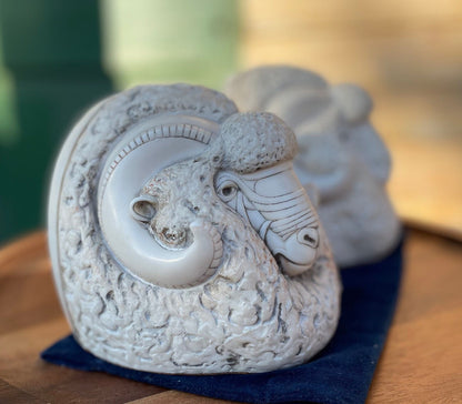 A Pair of Crushed Marble Signed Figural Ram Heads Book Ends by John Biccard Called Romulus and Rebus - 13.5cm Tall - pair 4.8kg