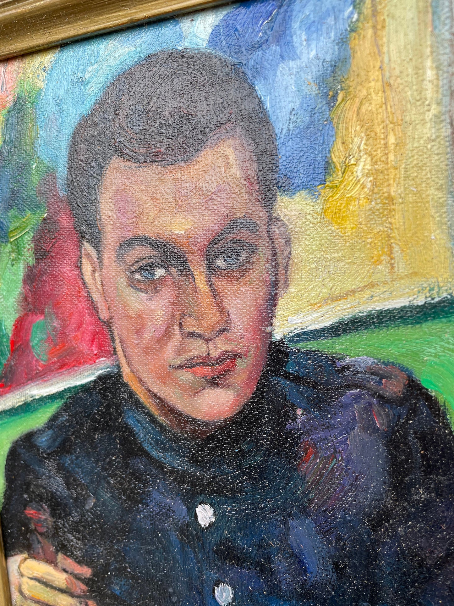 A Signed Post-War British Oil on Board Portrait of a Uniformed Man in an Interior, Mounted and Framed, 41x33cm Frame