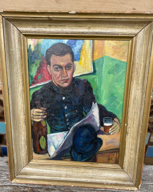 A Signed Post-War British Oil on Board Portrait of a Uniformed Man in an Interior, Mounted and Framed, 41x33cm Frame