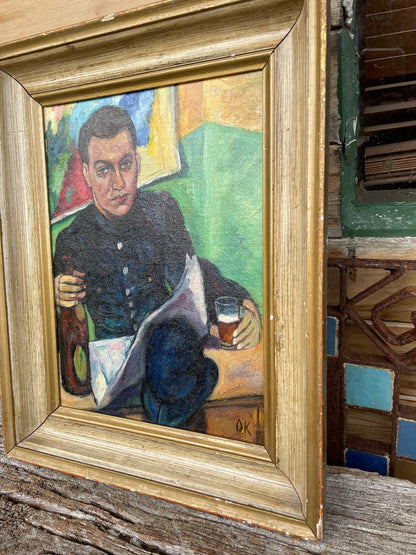 A Signed Post-War British Oil on Board Portrait of a Uniformed Man in an Interior, Mounted and Framed, 41x33cm Frame