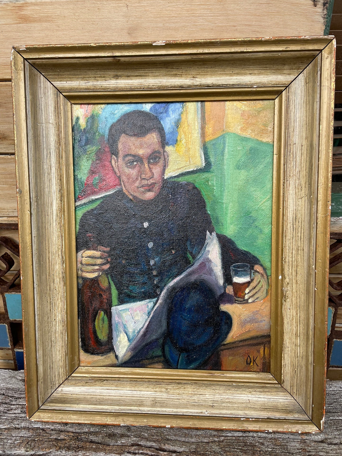 A Signed Post-War British Oil on Board Portrait of a Uniformed Man in an Interior, Mounted and Framed, 41x33cm Frame