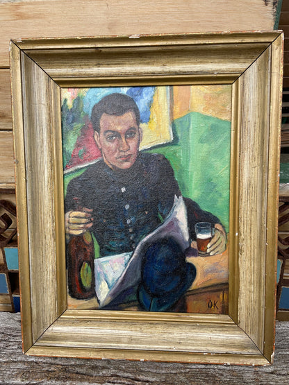 A Signed Post-War British Oil on Board Portrait of a Uniformed Man in an Interior, Mounted and Framed, 41x33cm Frame