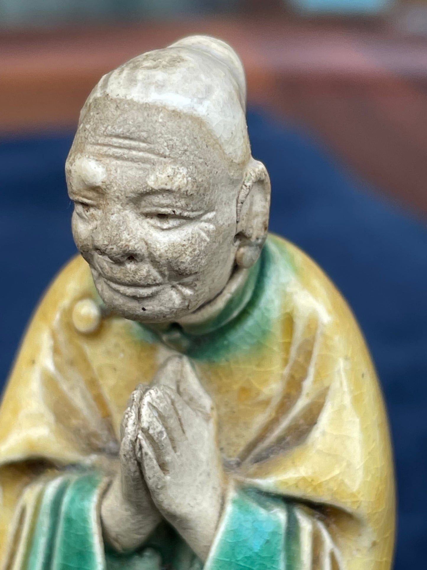 A Small Antique Chinese Very Finely Detailed Ceramic Shiwan Praying Figure 7cm Tall