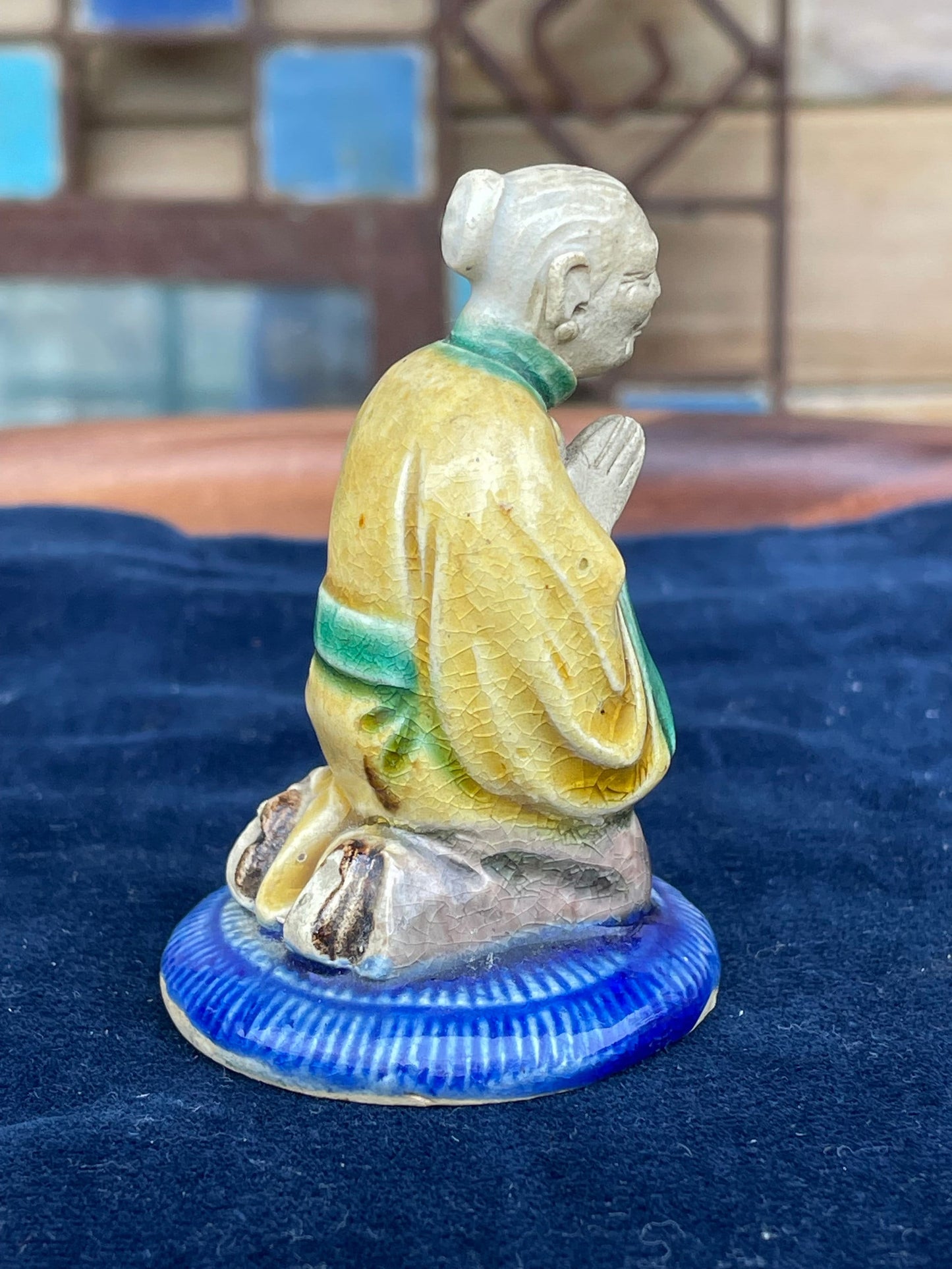 A Small Antique Chinese Very Finely Detailed Ceramic Shiwan Praying Figure 7cm Tall