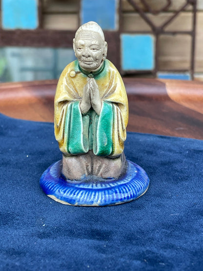 A Small Antique Chinese Very Finely Detailed Ceramic Shiwan Praying Figure 7cm Tall