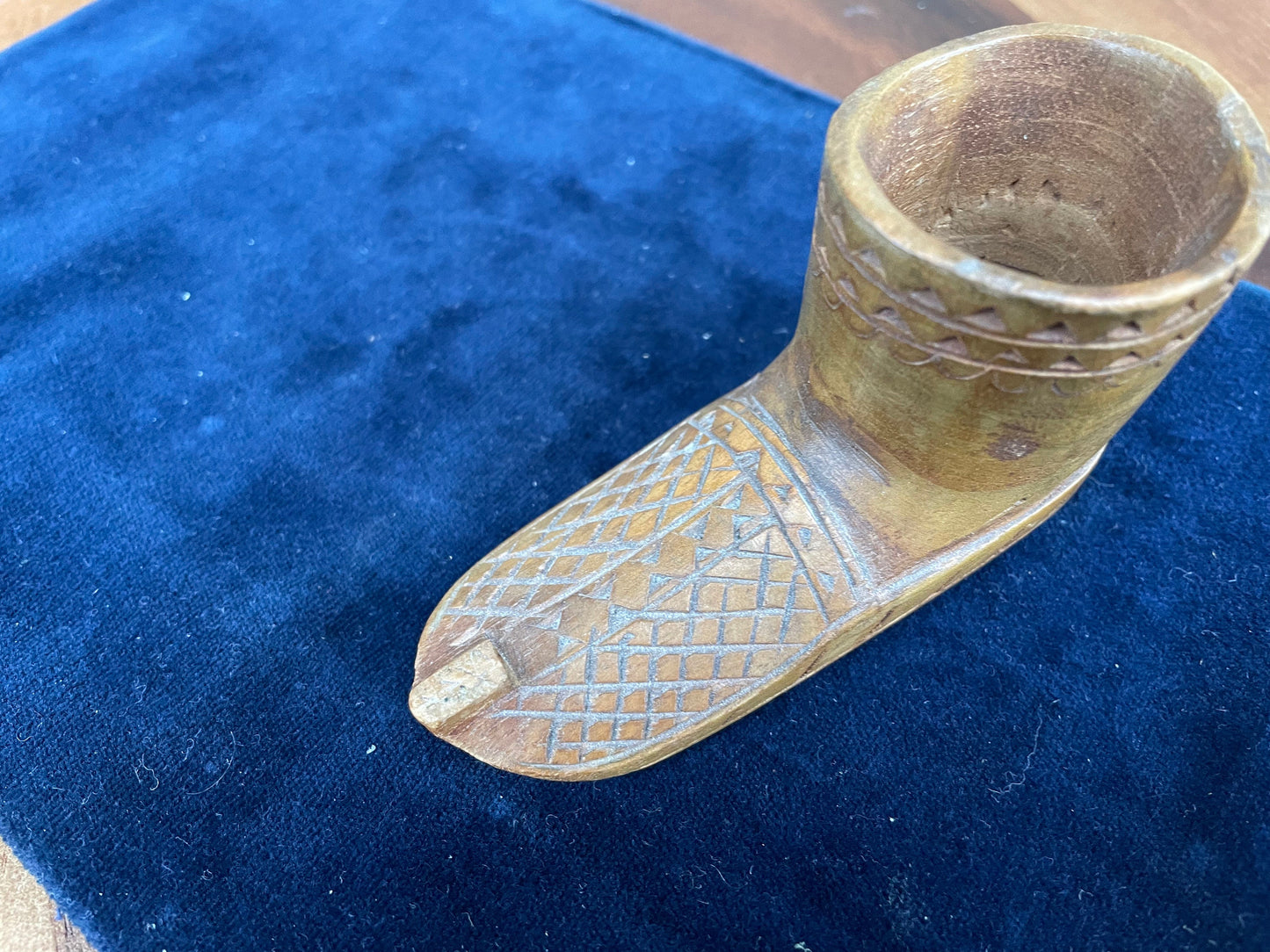 A Vintage Wooden Folk Art Vesta in the Form of a North American Indian Moccasin Boot 9cm Long c1940's