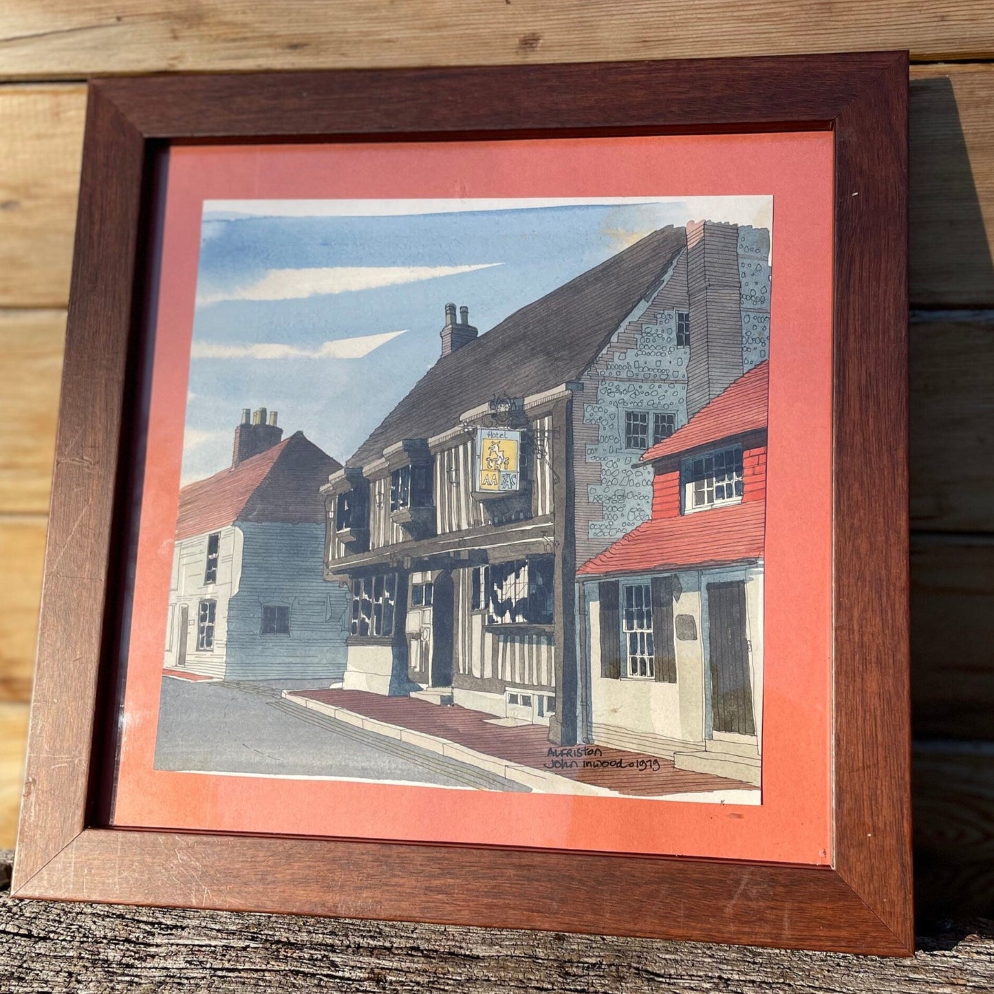 An Original Signed and Framed Watercolour of The Star Hotel/pub in Alfreston, Sussex  by John Inwood - 1979 - Frame 29x29cm