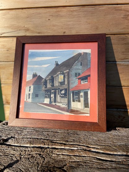 An Original Signed and Framed Watercolour of The Star Hotel/pub in Alfreston, Sussex  by John Inwood - 1979 - Frame 29x29cm