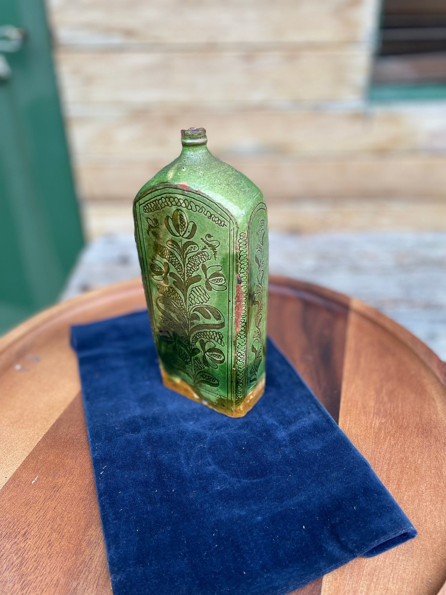 A 19th Century Green Glazed Terracotta Sgraffito Flask  19cm Tall