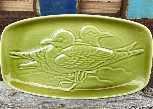 A Small Olive Green Ceramic Poole Pottery Trinket Tray Depicting Seagulls 18cm Wide