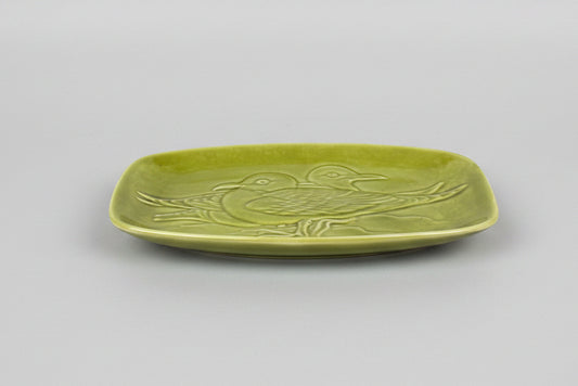 A Small Olive Green Ceramic Poole Pottery Trinket Tray Depicting Seagulls 18cm Wide