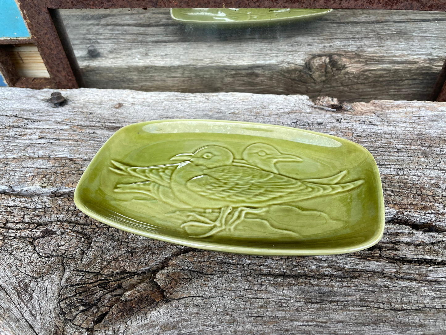 A Small Olive Green Ceramic Poole Pottery Trinket Tray Depicting Seagulls 18cm Wide