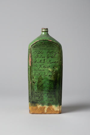 Antique Sgraffito Flask, Green Glazed Terracotta Bottle, 19th Century Folk Pottery, Hand Inscribed Ceramic, Rustic Decorative Vessel
