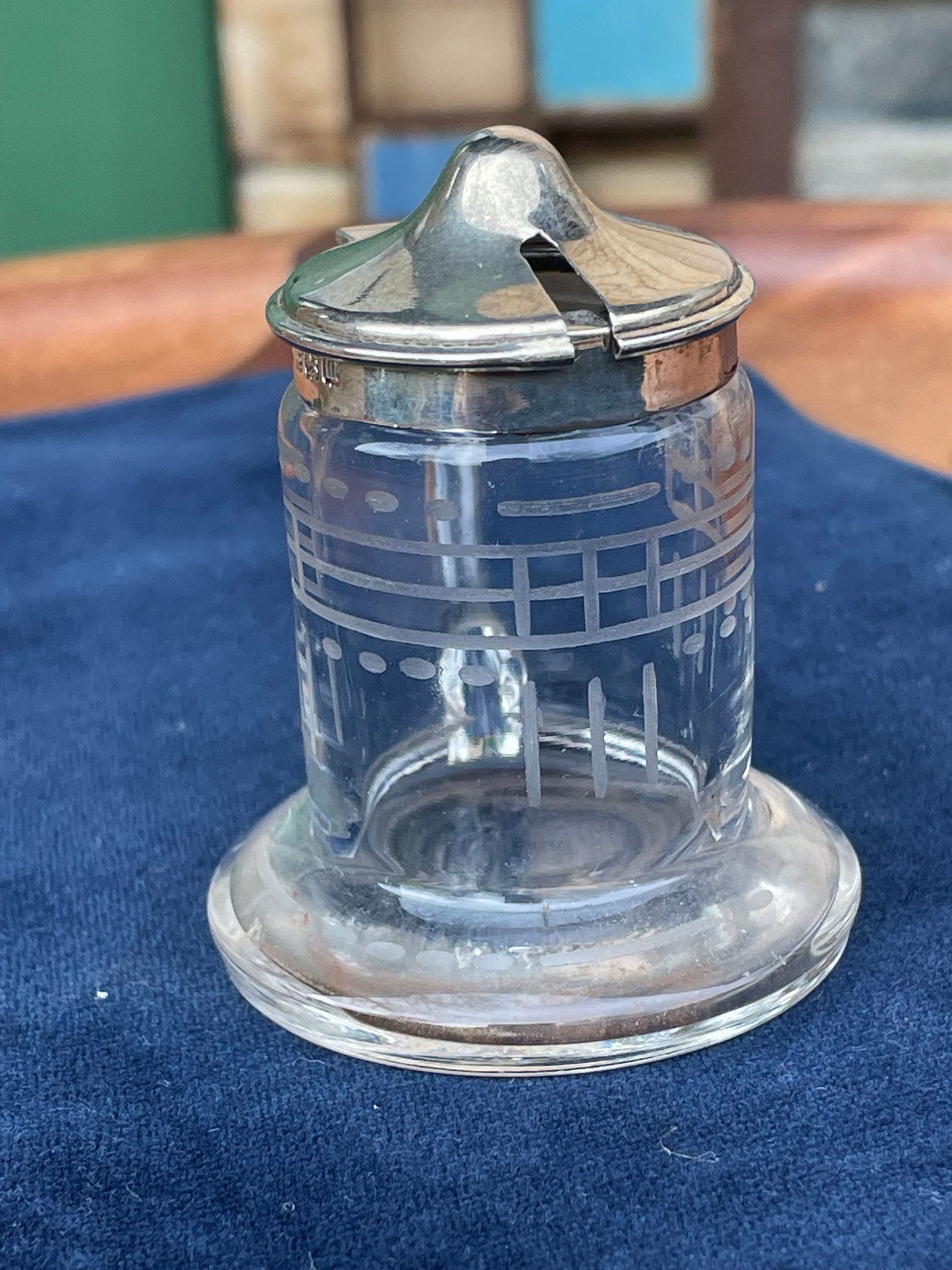 An Antique Hallmarked Silver and Glass Mustard Pot With Etched Glass - Birmingham 1911 by James Deakin & Sons - 6cm Tall