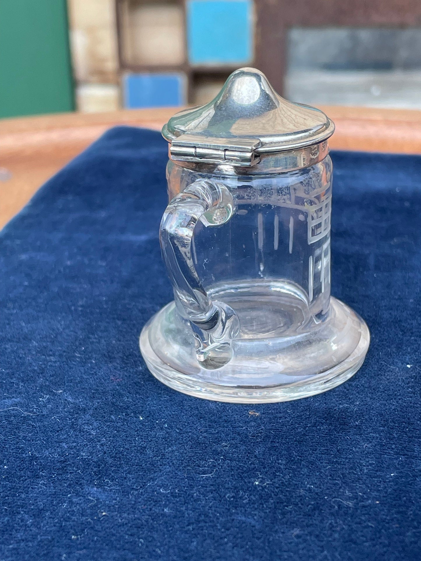 An Antique Hallmarked Silver and Glass Mustard Pot With Etched Glass - Birmingham 1911 by James Deakin & Sons - 6cm Tall