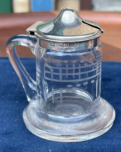 An Antique Hallmarked Silver and Glass Mustard Pot With Etched Glass - Birmingham 1911 by James Deakin & Sons - 6cm Tall