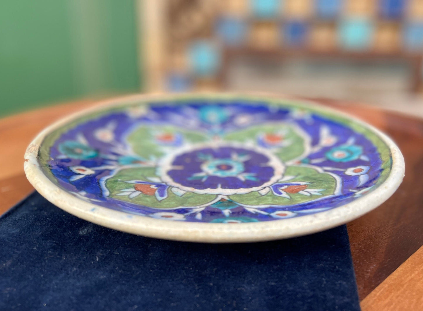 A Palestine Stamped Iznik Style Pottery Floral Dish With Unglazed Foot - c1920's 18.5cm Diameter