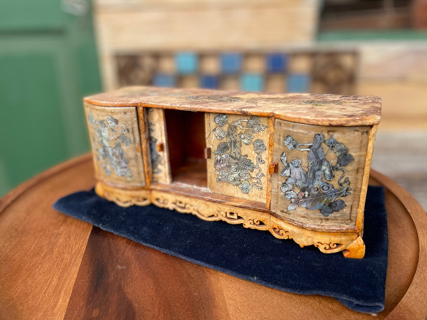 A Miniature Chinese Carved Soapstone Cabinet With Inlaid Mother of Pearl scenery  25cm Wide