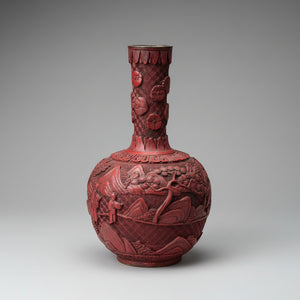 Antique Chinese Cinnabar Lacquer Vase, Hand Carved Scholars and Landscape, Red Lacquer with Brass Rim, 25cm Late Qing Republic Era