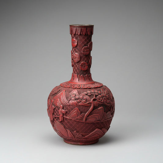 Antique Chinese Cinnabar Lacquer Vase, Hand Carved Scholars and Landscape, Red Lacquer with Brass Rim, 25cm Late Qing Republic Era