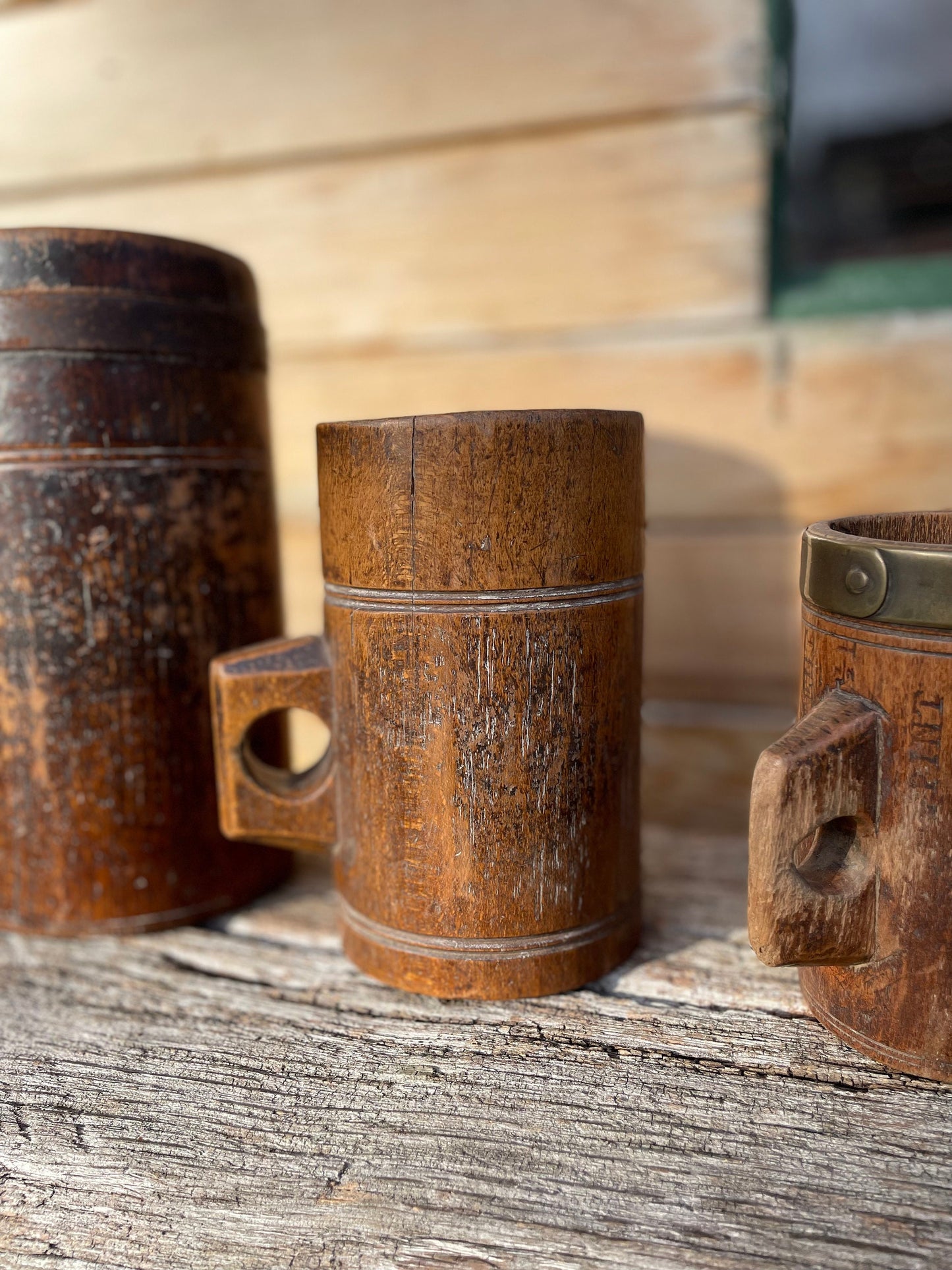 A Fine and Rare Collection of Antique Metal Bound and Treen Tankard/Measures With Various Official Impressed  Marks - Tallest 20.5